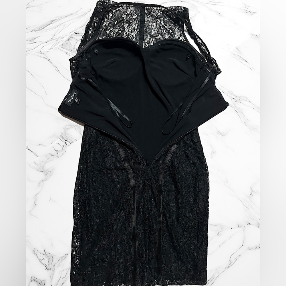 BEBE Black Sleeveless Lace Overlay Dress with Silk Trim XS - Picture 3 of 6